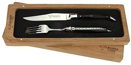 Laguiole en Aubrac - 1 Steakmesser und 1 Gabel Besteck-Set - Griff Ebenholz - Original Frankreich mit Zertifikat