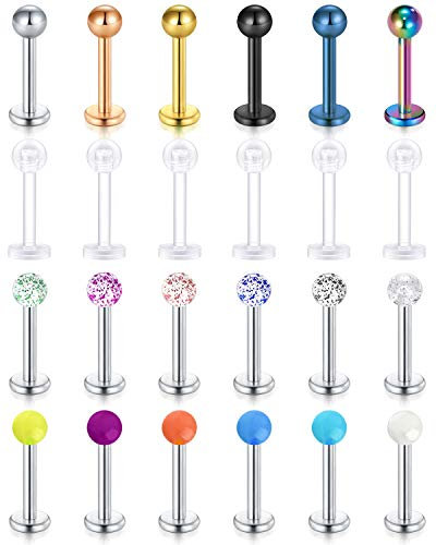 Rajnard 24Pcs Lippenpiercing 16G Chirurgischer Stahl Labret Ohrstecker Monroe Piercing Schmuck für Frauen Männer Tragus Helix Ohrringe Hanteln 8mm