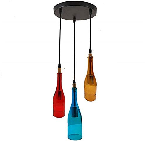 Suspension à 3 têtes multicolores en forme de bouteille de vin - Abat-jour en verre pour cuisine, restaurant, pub, etc