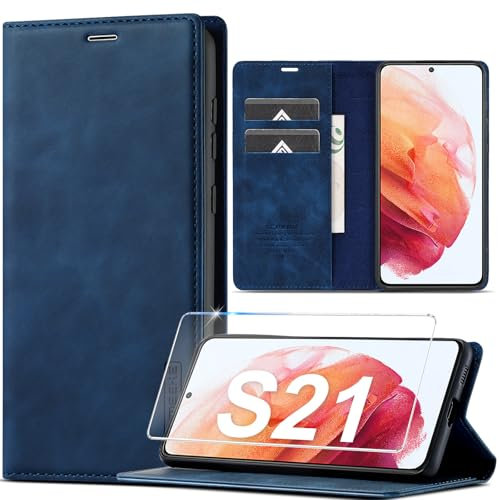 Handyhülle für Samsung Galaxy S21 Hülle Leder [Mit Schutzfolie] Ledermaterial Wallet Flip Klapphülle für Samsung Galaxy S21