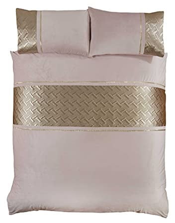 Rapport Home Luxury Blush Pink Velvet Duvet Cover Set – King Size Bedding with Gold Panel, Diamante Embellishment & Geometric Design, Soft & Elegant Bedroom Décor
