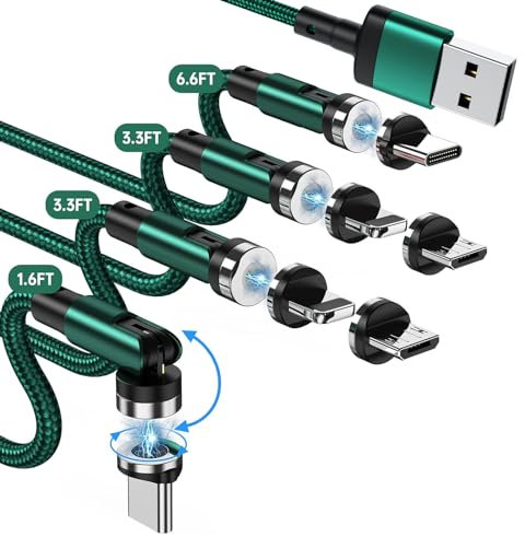SUNTAIHO Cavo USB Magnetico 3 in 1 [4 Pezzi, 0.5m+1m+1m+2m] - Cavo di Ricarica 360° + 180° per Cellulari Micro USB, Tipo C - Verde