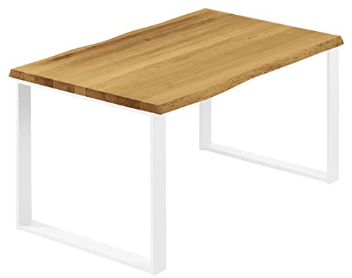 LAMO Manufaktur Esstisch Küchentisch Schreibtisch Couchtisch aus Massivholz, mit Baumkante 120x60x76 cm (AxBxH), Modern, Rustikal/Weiss, LCB-01-A-003-9016M