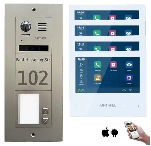 MATHFEL 2-Draht-Bus WLAN Video Türsprechanlage - Personalisierte Außenstation inklusive Gravur, ideal für 2 Familienhäuser, mit 4X 7'' Monitoren