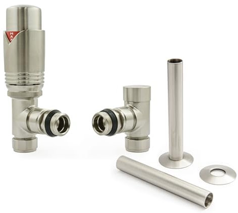 Hot Flow Satin Nickel Marella Modern Thermostatic Radiator Valve Angled TRV. Includes Angled TRV Body, Wheel Head, Lock Shield & Pipe Sleeve for Quick & Easy Temperature Control.