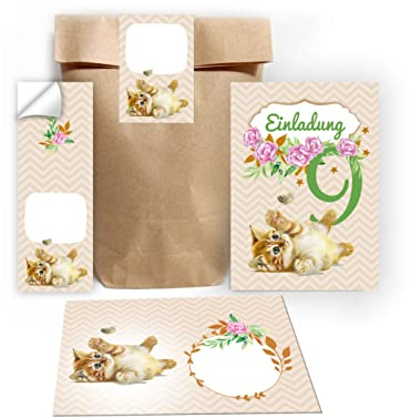 Junapack 12 Einladungskarten zum 9. Kindergeburtstag neunte Geburtstag Mädchen Katze incl. 12 Umschläge, 12 Tüten/natur, 12 Aufkleber