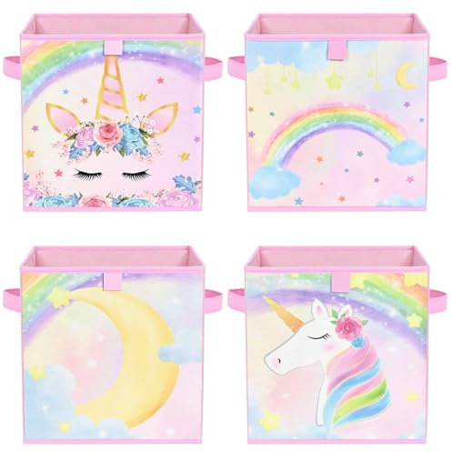 WERNNSAI Unicorn-Themed Storage Bins, Pink, Fabric & Cardboard, 11 x 11 x 11, 4 Pack