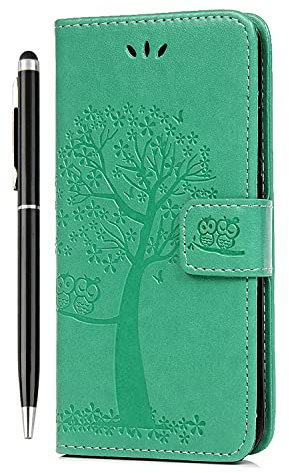 iPhone 12 Case with Card Holder, iPhone 12 Pro Phone Case, Shockproof Wallet PU Leather Flip Owl Tree Embossed Magnet Kickstand Bumper Cover for iPhone 12/12 Pro & 1 Touch Pen Green