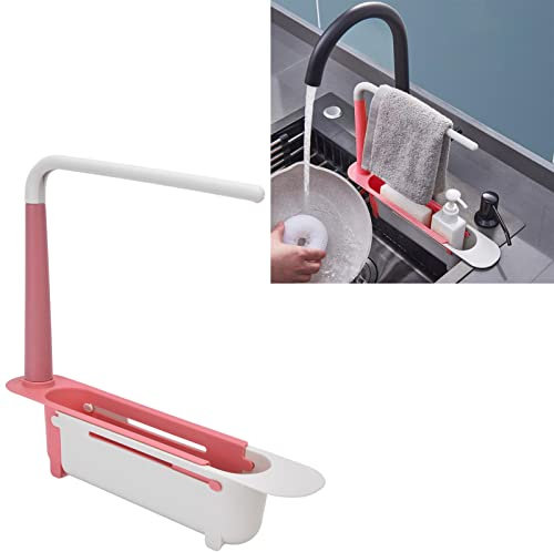 CCYLEZ Porte-éponge pour évier de cuisine, étagère de rangement télescopique pour éponge, brosse à savon, chiffon, organisateur d'évier extensible en PP Rouge