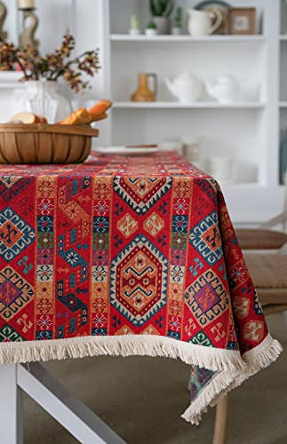 iyoimono Tischdecke Quaste Tischdecke Rechteckige Abwaschbar Baumwolle Leinen Tischtuch für Küche Esszimmer Picknick Tischdekoration Tischdecke Rechteck Couchtisch(140x180,Rot böhmisch ethnisch)