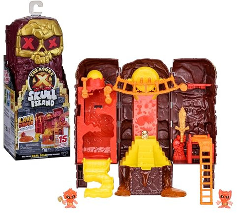 TREASURE X Lost Lands Skull Island – Lavaturm-Mini-Spielset, 15 Abenteuerlevel, Überwinde die Fallen und entdecke 2 Mini-Actionfiguren, Findest du den Schatz mit echtem Goldüberzug?