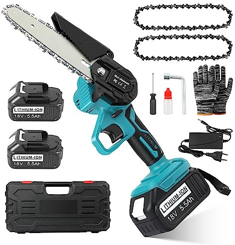 Mini Akku-Kettensäge ASUNCELL 6-Zoll Akku Kettensäge mit 2 5.5Ah Batterien Einhand-Kettensäge für den Mann mit Sicherheitssperre Handkettensäge zum Holzschneiden Baumbeschneiden
