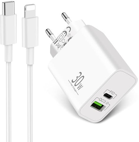 LUOSIKE Cargador USB C 30W y Cable iPhone 2m, Adaptador Corriente 2 Puertos con Cable USB-C a Lightning, Enchufe Cargador Carga Rápida Compatible con iPhone 14/13/12/11/Pro MAX/Mini/SE/XS/XR/X/8