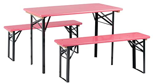 Stagecaptain BB-117 PI Hirschgarten Bierzeltgarnitur für Balkon 5X Set - Version mit 117 cm Länge - Klappbare Festzeltgarnitur 5X Tisch & 10x Bank - Sitzgarnitur Holz - Innen- und Außenbereich - Pink