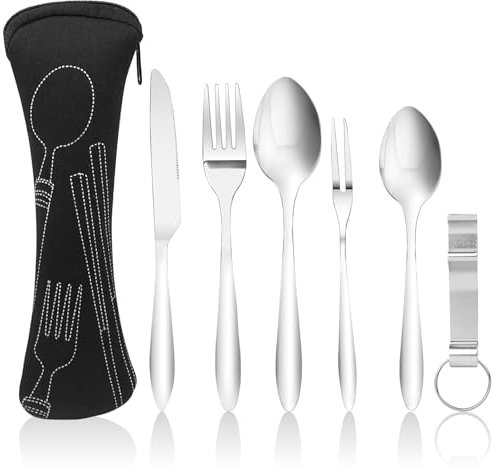 Fousenuk Set Couverts de Table, Couverts Camping en Acier Inoxydable, Ensemble de Couverts Transportables avec Couteau, Fourchette, Cuillère, Sac de Rangement, pour Camping, Pique-Nique, Voyages
