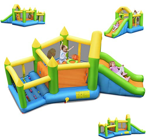 COSTWAY Château Gonflable en Forme de Pentagone avec Toboggan, Maison de Rebond Gonflable avec Piscine à Balles, Panier de Basket, Intérieur Extérieur pour 3 Enfants de 3-10 Ans（sans souffleur
