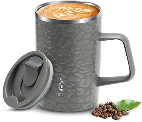 Ideus Vacuum Insulated Coffee Mug, 16oz Reusable Stainless Steel Thermal Double Walled Cup with Handle and Slider Lid for Hot & Cold Beverages, BPA Free (Leapord Gray)