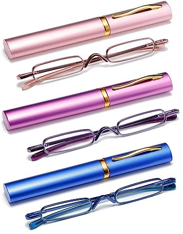 OWTXIS 3er-Pack Mini Schlanke Stift-Lesebrille - Kompakte Lesegeräte mit Stiftclip-Etui Federscharnier Metallrahmen Brillen (Rosa, Lila, Blau, +2.25)