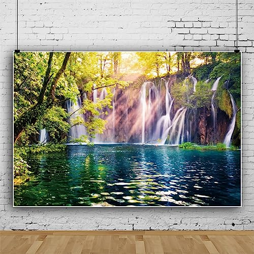 Bovlleetd Waterfall Backdrops for Photography Spring Landscape Greenery Tree Nature Lake Scenery Background Wallpaper Room Decoration Photo Studio 7x5ft