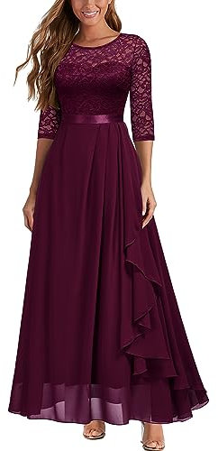 MIUSOL Women's Vintage Floral Lace Half Sleeves Ruffles Trim Bridesmaids Party Gown Formal Maxi Dress (Small, Wine)
