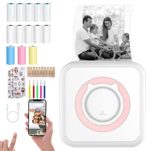 Mini Imprimante de Poche 13 Rouleaux de Papier,Mini imprimante Bluetooth Imprimante Photo Portable avec Batterie Rechargeable et câble USB Compatible Android & iOS pour Notes,rappels,Agenda (Rose)
