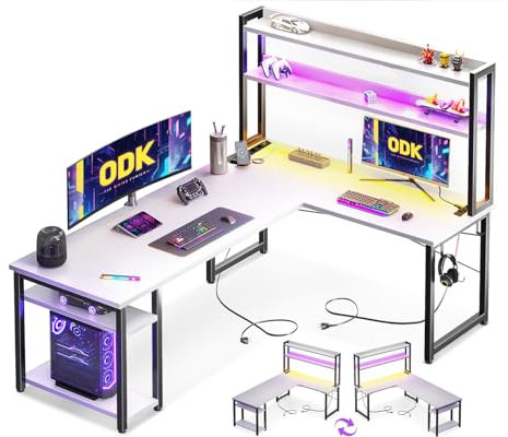 ODK Eckschreibtisch Weiß mit Stall, 150×120 cm Reversibel Gaming Tish L Form mit LED, Computertisch mit USB-Ladeanschluss&Steckdose, Gaming Schreibtisch für das Heimbüro