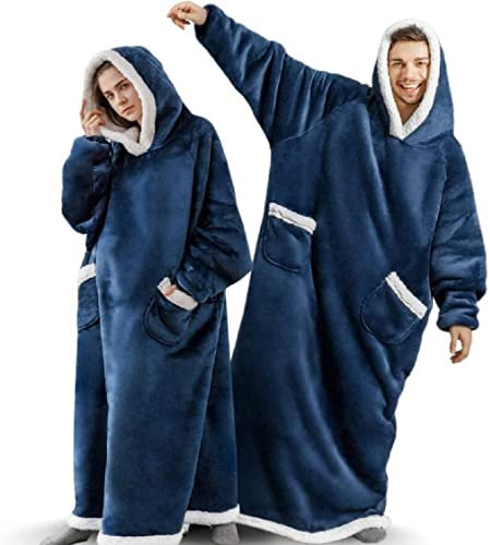 Sedefen Sweatshirt Hoodie Decke mit Ärmeln Deckenpullover,Flauschige Sherpa Kuscheldecke Tragbare Decke,Übergroße Kapuzenpullover für Damen Herren Erwachsene Warm Ärmeldecke Marineblau