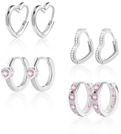 Silber 925 Ohrringe Creolen Herz, ALEXCRAFT 4 Paar Multipack Silber 925 Creolen mit Zirkon Rosa Ohrringe Set, Knorpel Ohrring Herzform Kleine Huggie Kreolen Herz Creolen Set für Damen Frauen