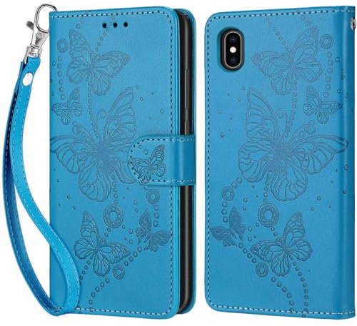 Handyhülle für iPhone X/iPhone XS Hülle, iPhone X Hülle, Premium Leder Flip Klappbare Stoßfeste Magnetische [Standfunktion] [Kartenfächern] Schutzhülle Tasche - Blau Schmetterling