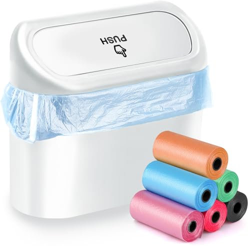 FINEASY Auto Mülleimer Klein Mülleimer Faltbar Automülleinmer mit 100 Stück Müllsäcken Mini Aufbewahrungsbox mit Deckel 15.5 cm x 6.5cm x 14 cm (Weiß)