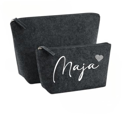 Kosmetiktasche personalisiert - Schminktasche Filz - Kosmetikbeutel mit Namen - Tasche mit Name und Herz - Filztasche - Geschenkidee (Dunkelgrau, M)