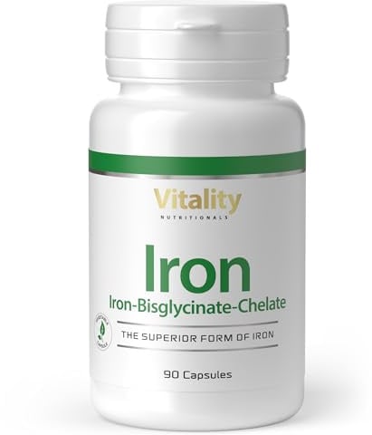 Vitality Nutritionals Eisen Kapseln Hochdosiert in der hoch bioverfügbaren Form Iron-Bisglycinat-Chelat, optimiert mit Kupfer und Vitamin C (90 Stk), 3 Monats-Vorrat, Ferritinwert Nahrungsergänzung