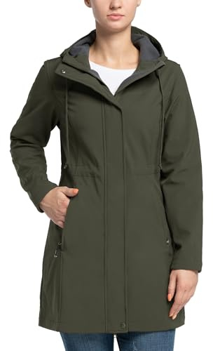 33,000ft Damen Leichte Wasserdichte Softshell Regenjacke Lange Funktionsjacke Übergangsjacke Windjacke Atmungsaktive Regenparka mit Kapuze Regenmantel für Wandern Laufen Sporten