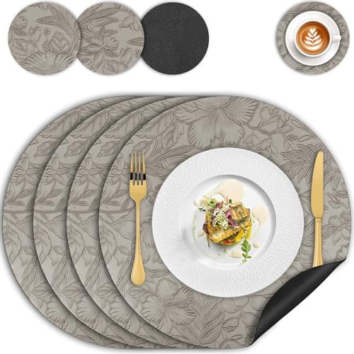 Platzset und Untersetzer 4er Set, Rund Blumen Tischsets Abwaschbar Hitzebeständig Doppelseitigen rutschfest Platzdeckchen 34cm Kunstleder Tischset Lederoptik Platzsets für Küche Esstisch(Grau Schwarz)