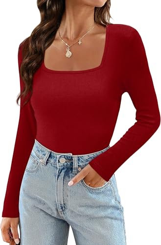 Aokosor Womens Long Sleeve Tops Ladies Square Neck Slim Fit Red T Shirts Size 10-12 Christmas
