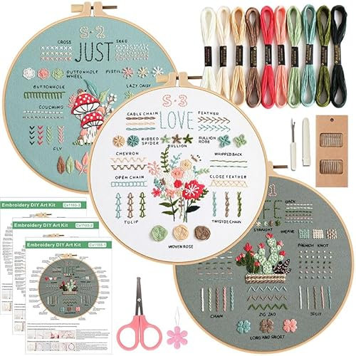 SEBOVIM 3 Sets Stickset für Anfänger,Blumenmuster Pflanzen Sticken Set für Erwachsene mit Reifen,DIY Embroidery Kit Stickerei Kreuzstich Set,Kunstprojekt Bastelset