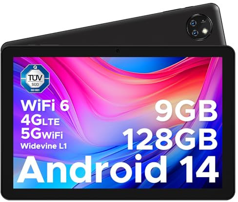 DOOGEE T10W Tablet Android 14, 10.1 IPS HD Display Tablet, 8000mAh Battery Tablets, 2.4G/5GHz WiFi, 9GB RAM + 128GB ROM (TF 1TB) Android Tablet, TÜV, Hi-Res Audio, Type-C/GPS/Face ID/OTG, Black