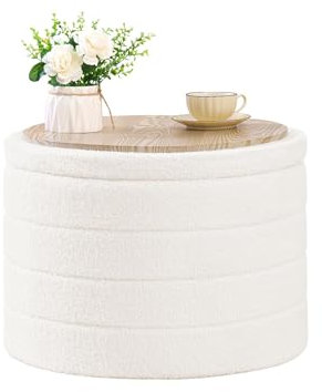 Bonlife Large Round Ottoman with Storage,Folding Boucle Stool,Ottoman Coffee Table,Chest Toy Box,Footstool for Living Room,Bedroom,White,56x56x40cm
