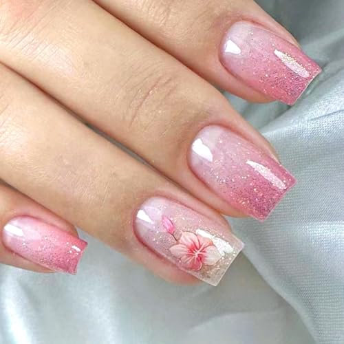 Glitter Ombre Pink French False Nails Medium Short Square, SXVME Spring Floral Press on Nails Fake Nails with Sequins Design Bling Glue on Nail Medium Cute Acrylic Stick on Nails for Women