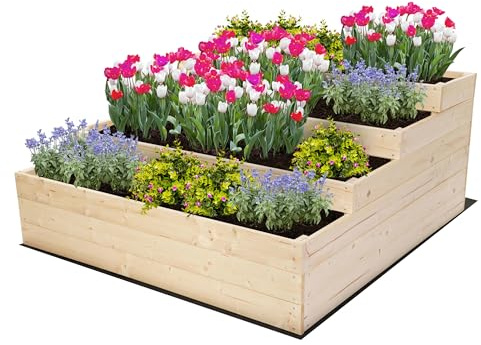 MODO24 Hochbeet Holz, 4-stufiger, Blumenkasten 54x117x120 cm, Natur | Komplettes Anzuchtset inkl. Schrauben, Dekoratives Gemüsebeet, Kräuterbeet & Blumenkasten für Garten und Terrasse