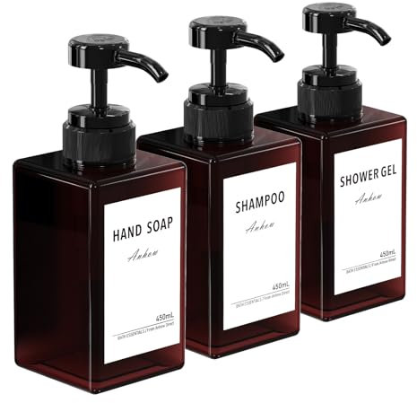 Anhow 3er 450ml Shampoo Flaschen zum Befüllen, PETG Seifenspender Kunststoff mit Kategorie Etiketten für Leere Nachfüllbare Pumpflaschen - Braun
