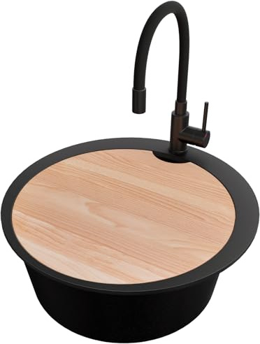 PRIMAGRAN Granitspüle ab 50er Unterschrank + Küchenarmatur, 53x53cm | Set: Küchenarmatur BW6020 + Ablauf-Set + Schneidebrett + Spülbecken Rund 1 Becken - Piza, Schwarz