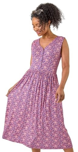 Roman Petite Floral Print V-Neck Midi Dress for Women UK - Ladies Everyday Holiday Spring Summer V-Neckline Comfy Soft Evening Vacation Work Party - Petite Pink - Size 18