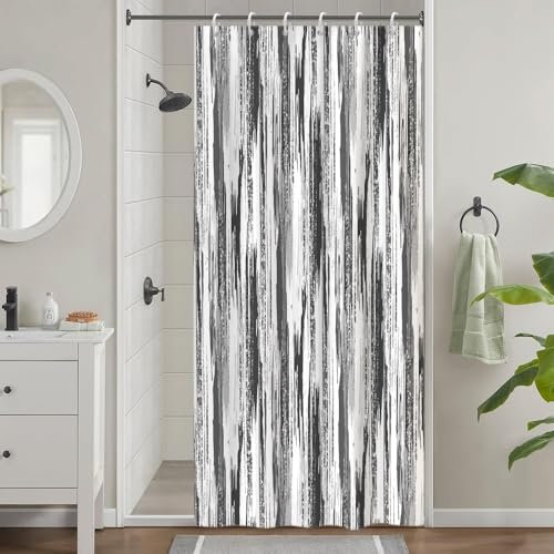 Uiiooazy Rideau Douche Anti Moisissure, Rideau de Douche Étroit 90x180cm Gris Noir Peinture Motif Petit Rideaux de Baignoire Tissu Lavable Imperméable Polyester Rideaux Salle de Bain avec 6 Crochets