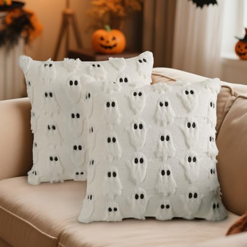 Miaikoe Halloween Ghost Kissen Abdeckungen 45x45 Set von 2, weicher Plüsch Faux Bauernhaus Kissenhüllen für Herbst Herbst Thanksgiving Halloween Urlaub Dekorationen Weiß