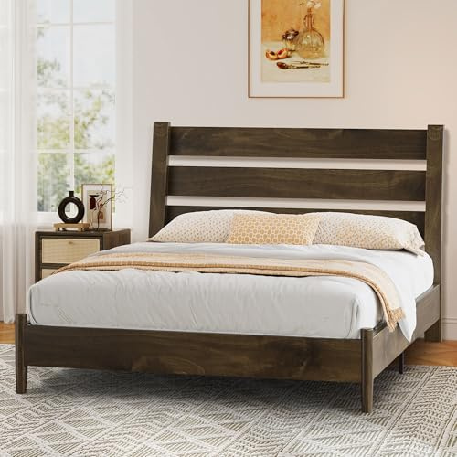 LUXOAK Massivholzbett 160x200 cm mit geneigtem Latten-Kopfteil, Mid-Century Design, stabile Holzlatten, kein Boxspring nötig, geräuschfrei – Schwarzbraun