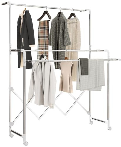HOMCOM Tendedero Vertical Plegable de 3 Niveles con 4 Ruedas, Plata | Tendedero de Acero Inoxidable, 3 Barras Ajustables y Extensibles, para Interior