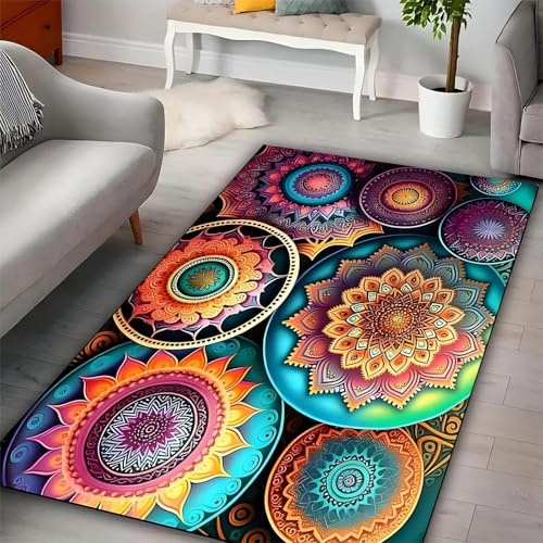 USHIRUG Boho-Teppich, 160x230cm Moderner Abstrakter Mandala-Teppiche Mit Kreisillusion, Retro-Blumenmuster rutschfest, Kurzflorig, Fusselfrei, Dekorativer 3D-Teppich für Flur und Schlafzimmer