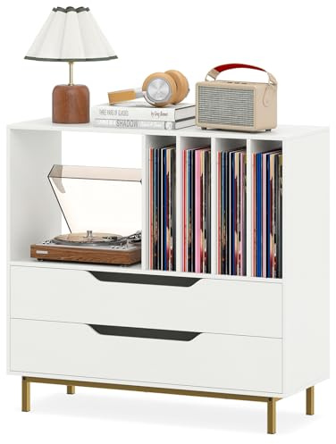 COSTWAY Mueble Tocadiscos, Soporte para Tocadiscos con Compartimento Abierto, 4 Estantes de Vinilos, 2 Cajones y Patas de Metal, Mesa Auxiliar de Discos Vinilos para Salón, 91 x 36 x 87 cm (Blanco)