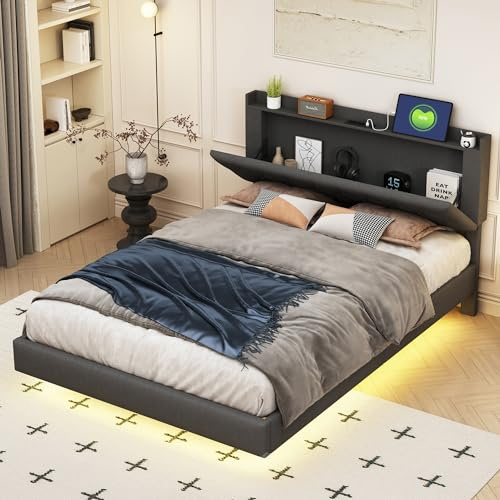 Ball & Cast Polsterbett 140x200 cm Schwebebett mit Beleuchtung, Kopfteil und Ladestation(2 AC-Steckdosen, 2 USB-Anschlüsse), Bett 140x200 mit Stauraum, Modern Doppelbett mit lattenrost, Grau